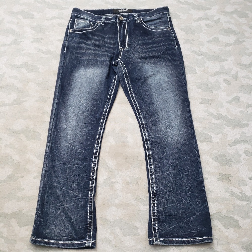 True Luck Jeans Mens 34/30 Blue Straight Leg Whiskered Pockets Denim Dark Wash